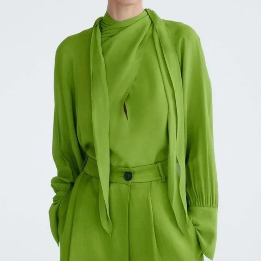 Zara | Green Flowy Satin Drape Long Sleeve Blouse - Picture 2 of 16